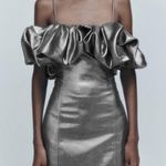 ZARA NWOT Silver Metallic Short Full Dress Off Shoulder Ruffled Mini Size S Photo 0