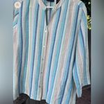 Vtg 90’s Crazy Horse by Liz Claiborne Linen Blend Striped Button Up Blouse Sz XL Blue Photo 1