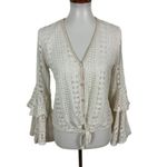 Hummingbird  Boho Crochet Bell Sleeve Button Front Tie Hem Top Small White Photo 1