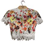 Badgley Mischka FLORAL EYELET SHORT SLEEVE CROPPED BACK ZIPPERED WHITE GREEN TOP Photo 1