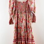 Farm Rio  Macaw Flight Smocked Cotton Long Sleeve Midi Dress Pink Red Small Photo 7