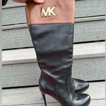 Michael Kors Hayley Designer Tall Leather Boots Heels Monogram MK Black/Brown Photo 0