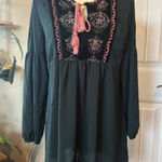Women's Dark Green Embroidered Tassel Boho Babydoll Dress Long Sleeve Photo 0