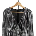 French Connection Silver Metallic Drape Faux Wrap Mini Dress Long Sleeves size 4 Photo 3