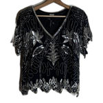 Vintage Silk Sequin Beaded Shirt Womens Medium Black Silver Party Evening 80s Photo 0