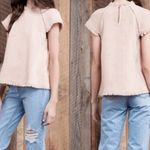 J.O.A. Boho Textured Woven Blush Pink Frayed Hem Cap Sleeve Blouse | Med… Photo 1