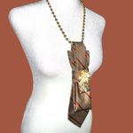 “Dainty Dapper”Striped Brown and maroon Necktie necklace with Gold Brooch Photo 2