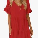 NWT Boutique Women's Dress V Neck Bell Sleeve Tiered Ruffle Pockets red small Photo 0