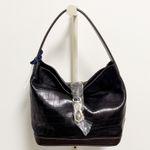 Dooney & Bourke Dooney Bourke Black Brown Leather Croc Embossed Lobster Clasp Hobo Makeup Bag Photo 1