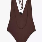 ZARA  NWT brown halter one piece swimsuit black flower detail Photo 3