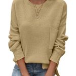 SheIn Women Crew Neck Pullover Drop Shoulder Patch Pocket Sweater in Khaki, Size XL Photo 0