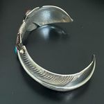 Vintage Navajo Signed Sterling Silver Turquoise Coral Feather Cuff Bracelet 34g. Photo 5