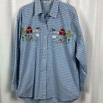 Casey Coleman Vintage Blue Gingham Embroidered Farm Scene Button Up Blouse Sz.M Size M Photo 0