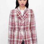 ZARA  TWEED WEAVE JACKET BLAZER W/ GEM JEWEL BUTTON RED/WHITE Size M NEW Photo 13