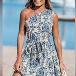 Cupshe  Asymmetrical One Shoulder Pleated Blue Damask and Cream Mini Dress Large Photo 0