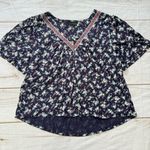 Lucky Brand  Navy Floral V Neck Pleated Button Front Top Size Medium Photo 0