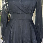 Japna  Black Metallic Ruffle Mini Dress Size M Long Sleeve Party Holiday Sparkle Photo 0