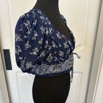Altar'd State Altar’d State Blue Floral Lace Trim Cropped Top Tie Back Sweetheart Neckline Photo 7