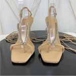 Schutz Vikki Crystal Embellished Ankle Wrap High Heel Sandals Tan 7.5 Leather Photo 2