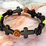 Rose & Cross Handmade Beaded Bracelet Black Brown & Neon Green Photo 0