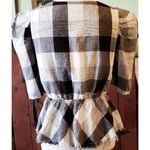 Moon River  Buffalo Plaid Top Shirt Black White Linen Peplum Button Puff Sleeve Photo 2
