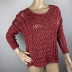 American Eagle Red/Orange Crochet Knit Sweater Women's Open Weave Boat Neck 3/4 Sleeve Photo 2