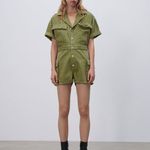 ZARA NEW DENIM JUMPSUIT WITH POCKETS KHAKI WOMENS SIZE XL V NECK FLAP Photo 5