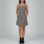 Plaid Button Front Mini Dress Sweetheart Neckline Adjustable Straps Pockets Brown Photo 7
