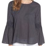 Velvet by Graham & Spencer Taj Blue Gray Striped Pom Pom Neck blouse shirt XS Photo 0