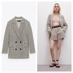 ZARA  Plaid Oversized Blazer Size XS Double Breasted Lightweight Cotton Chic Photo 1