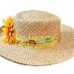 Y2K Spring Bonnet Sunflowers Vintage Blossom Derby Floral Sunday Straw Hat Tan Photo 3