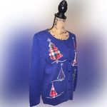 Vintage Festive Blue Knit Sweater Embroidered Sequins Plaid Trees Snowflakes XL Photo 2