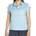 Orvis Women's Size Large Blue Linen Blend Button Short Sleeve Top Cap Sleeves Photo 0