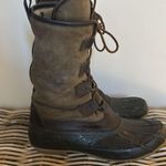 Tory Burch  Argyll Olive Leather Lace Brown Rubber Duck Boots Shearling Photo 5