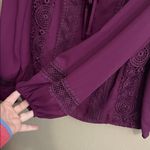 Venus  Deep Purple Lace Women's Blouse bow tie button down v neck small crochet Photo 3