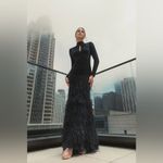 Mac Duggal 11839 Black Jersey Long Sleeve High Neck Feather Gown Photo 4