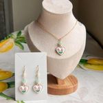 Cute Flower Necklace, Mint Pearl Pink Tulip, Heart Charm, Dainty, Coquette Fun Green Photo 6