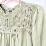 Loft  Olive Green Ruffle Lace Neck Top NWT Small Photo 3
