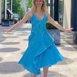 ESTEBAN CORTAZAR COLLECTIVE Aqua Hourglass White Stitch Midi Dress Size Medium Blue Photo 13