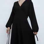 ZARA KNIT Long DRESS w/ BOWS V-neck Long Sleeve Black Size S NEW Photo 3