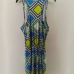 Mud Pie  Sleeveless Green Blue Girls Dress L 12-14 Gold Buttons Stretch Tie Photo 2