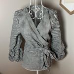 Esqualo Gingham Black White Checkered Wrap Puff Sleeve V Neck Blouse Sz 4 Cotton Photo 0