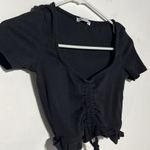 ZARA Black Cinched Front V-Neckline Ruffle Hem Short Sleeve Crop Top Size Small Photo 2
