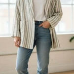 Anthropologie Maeve Cotton Stripe Boyfriend Blazer Jacket XS Oversized Photo 0