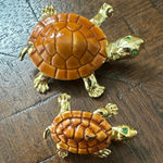 Vintage (2) Turtle Brown Shell Green Eyes Gold‎ Tone Pin Brooch Set Photo 0