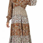 Umgee Floral Tiered Long Sleeve Maxi Dress Womens S Brown Farmhouse Cottagecore Photo 0