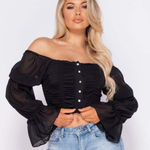 NWT Parisian Off Shoulder Ruched Sheer Top Womens 4 Black Romantic Coquette Photo 0