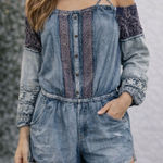 Miss Me  denim blue color Shoulder Romper with Lace Details Photo 0