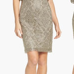 Tadashi Shoji  16 Blouson‎ Lace Sheath Dress Cap Sleeve Illusion Gold Beige Event Photo 0