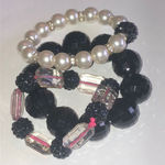 Lot of 3 Black Faux Pearl Clear CZ Beaded Stretchy Boho Vintage Bracelets Photo 0